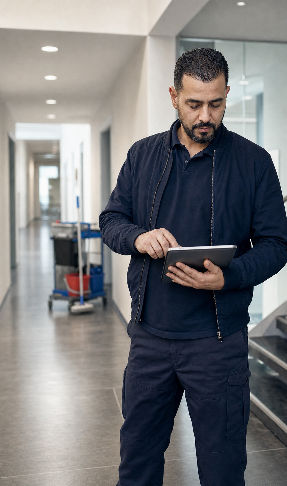 Objektleiter einer Gebäudereinigung nutzt vor Ort ein Tablet