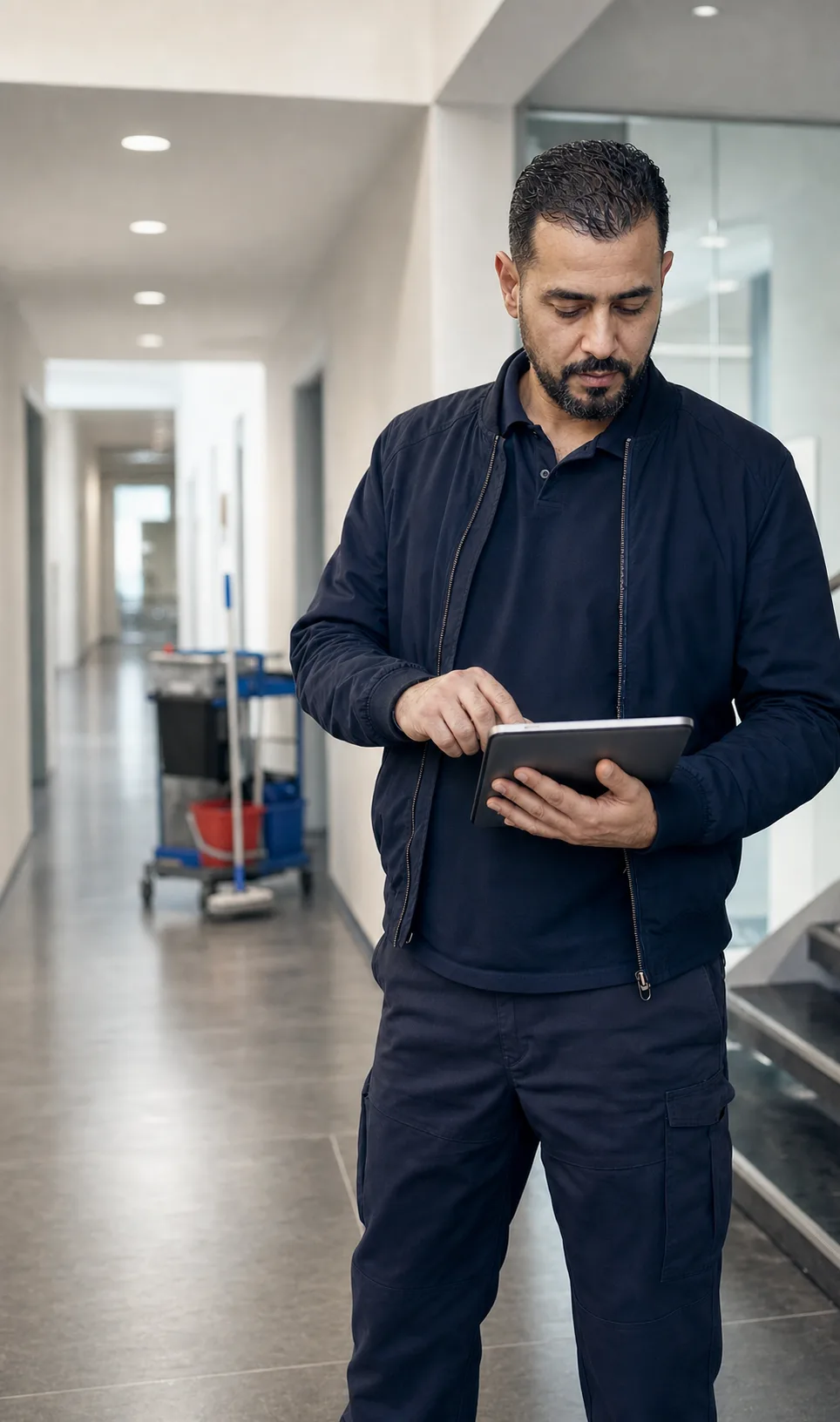 Objektleiter einer Gebäudereinigung nutzt vor Ort ein Tablet