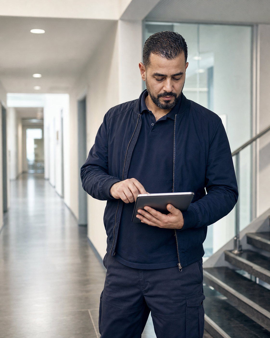 Objektleiter einer Gebäudereinigung nutzt vor Ort ein Tablet