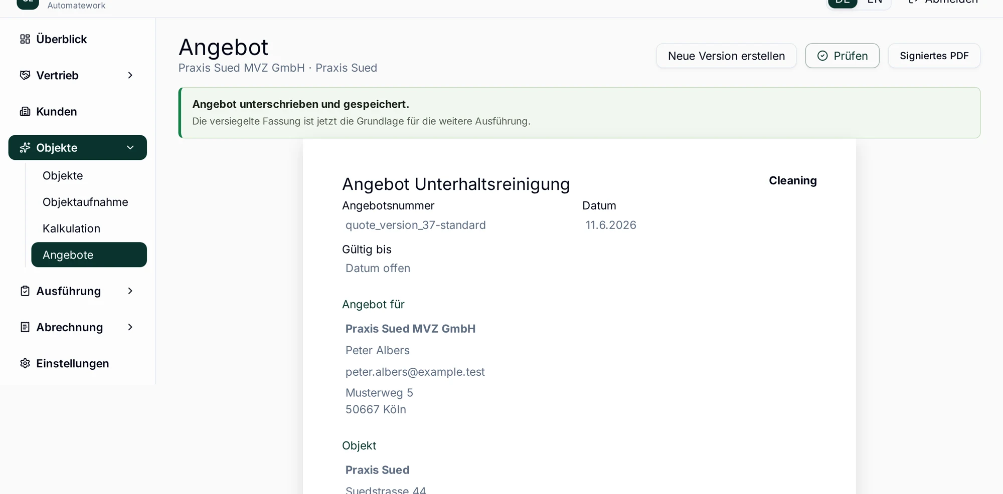 Facento Angebot: unterschriebenes und versioniertes Angebot mit Leistungsumfang