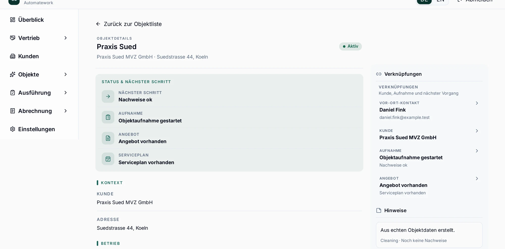 Facento Objektverwaltung: Objektakte mit Bereichen, Leistungen und Status