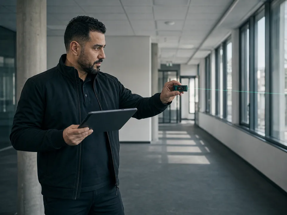 Objektleiter nimmt vor Ort Leistungen mit einem Tablet auf