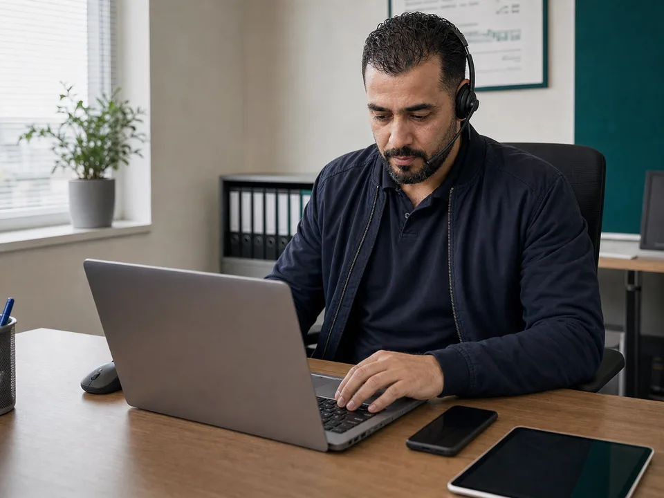 Mitarbeiter bearbeitet Kundenservice digital am Laptop